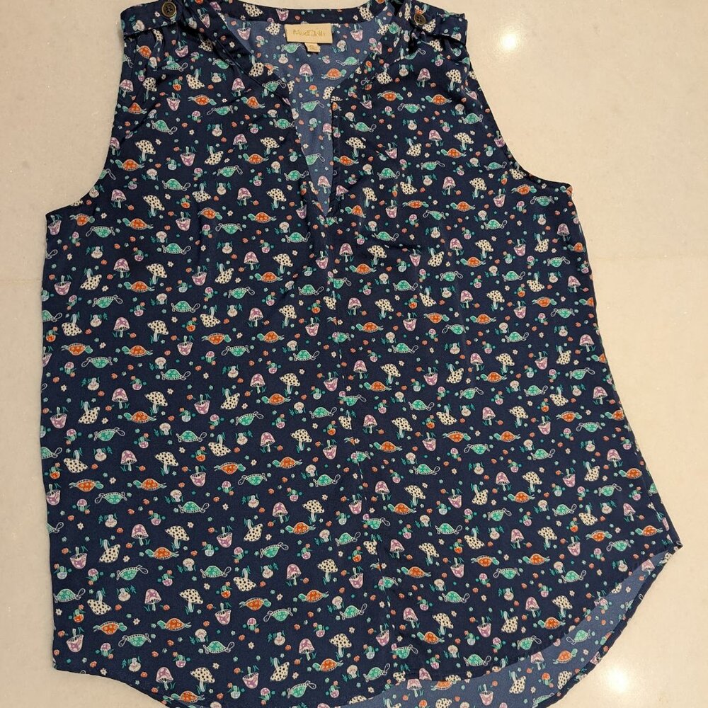 MODCLOTH Women’s Sleeveless Top Size XL Turtle Mushroom Print Blue oversized